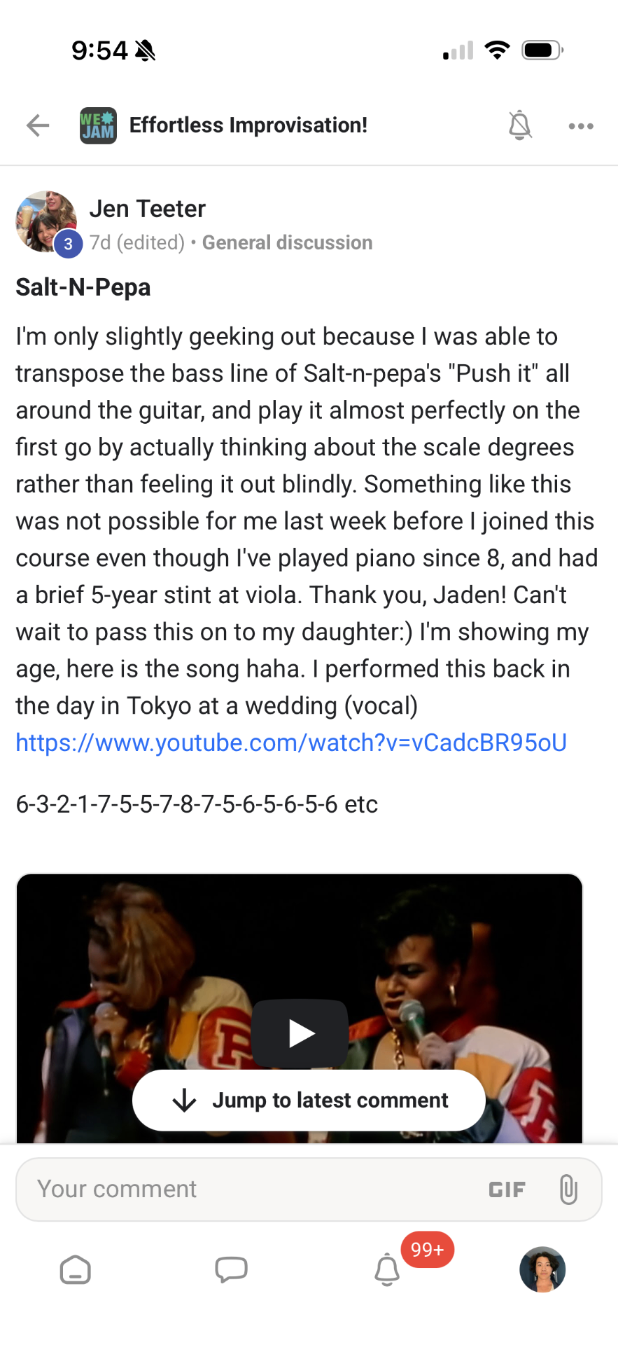 Jen's win: transposed Salt-N-Pepa Push It bass line by scale degrees